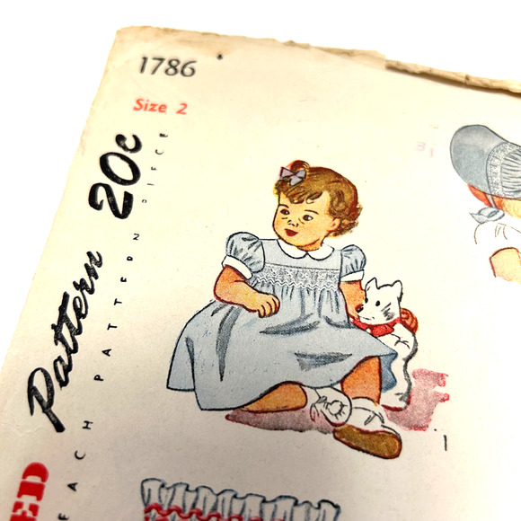 Simplicity Vintage 1946 Pattern #1786 Girls Smocked Dress and Bonnet Size 2 HTF - Picture 2 of 9